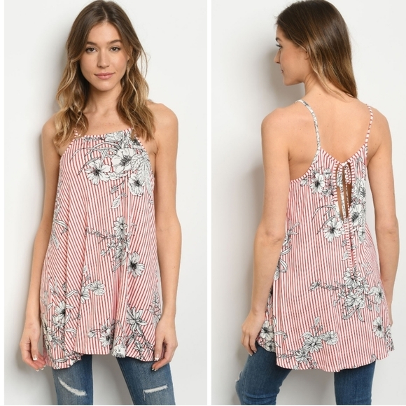 Hopely Tops - Red and White Striped Floral Keyhole Back